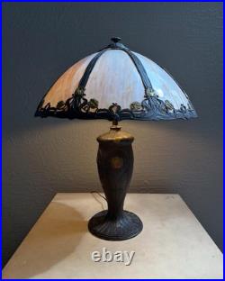 Antique Art Nouveau Slag Glass Lamp Matching Shade Floral Painted