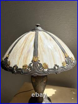 Antique Art Nouveau Slag Glass Lamp Matching Shade Floral Painted