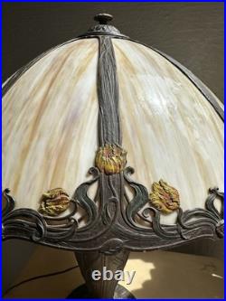 Antique Art Nouveau Slag Glass Lamp Matching Shade Floral Painted