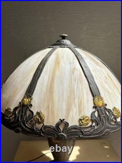 Antique Art Nouveau Slag Glass Lamp Matching Shade Floral Painted