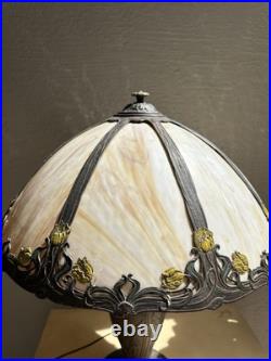 Antique Art Nouveau Slag Glass Lamp Matching Shade Floral Painted