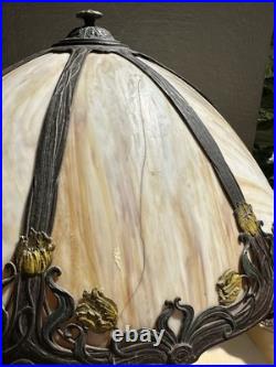 Antique Art Nouveau Slag Glass Lamp Matching Shade Floral Painted