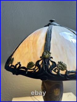 Antique Art Nouveau Slag Glass Lamp Matching Shade Floral Painted