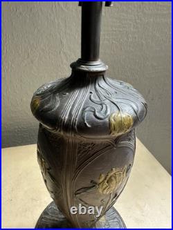 Antique Art Nouveau Slag Glass Lamp Matching Shade Floral Painted