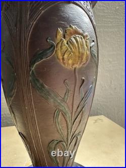Antique Art Nouveau Slag Glass Lamp Matching Shade Floral Painted