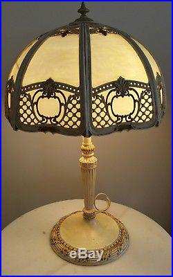 Antique Art Nouveau Slag Glass Lamp Ornate 8 Panels Miller