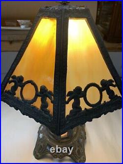 Antique Art Nouveau Slag Glass & Lead Lamp 6 Panels 22 Tall Table Lamp (SH)