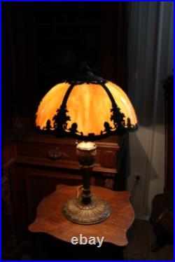 Antique Art Nouveau Slag Glass Shade Table Lamp Flowers Design 6 Bent Panels