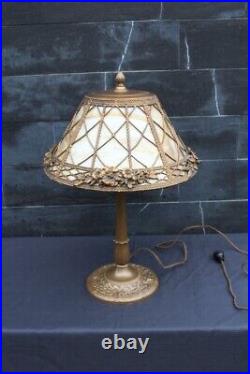 Antique Art Nouveau Slag Glass Shade Table Lamp Flowers & Diamonds Design
