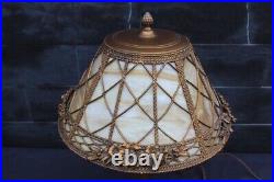 Antique Art Nouveau Slag Glass Shade Table Lamp Flowers & Diamonds Design