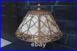 Antique Art Nouveau Slag Glass Shade Table Lamp Flowers & Diamonds Design