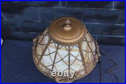 Antique Art Nouveau Slag Glass Shade Table Lamp Flowers & Diamonds Design