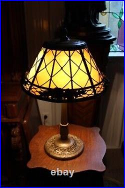 Antique Art Nouveau Slag Glass Shade Table Lamp Flowers & Diamonds Design