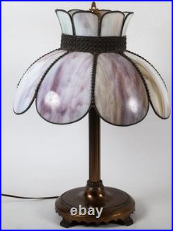 Antique Art Nouveau Slag Glass Table Lamp 24 Purple Shade-8 Panel