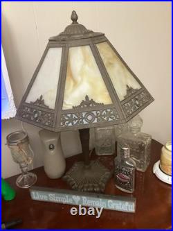 Antique Art Nouveau Slag Glass Table Lamp, 8 Panel Caramel and Blue Shade, 1920