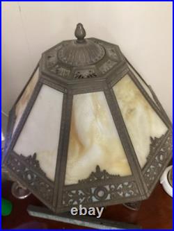 Antique Art Nouveau Slag Glass Table Lamp, 8 Panel Caramel and Blue Shade, 1920