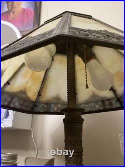 Antique Art Nouveau Slag Glass Table Lamp, 8 Panel Caramel and Blue Shade, 1920