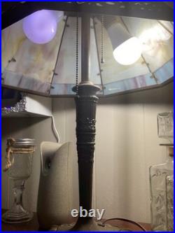 Antique Art Nouveau Slag Glass Table Lamp, 8 Panel Caramel and Blue Shade, 1920