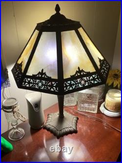 Antique Art Nouveau Slag Glass Table Lamp, 8 Panel Caramel and Blue Shade, 1920