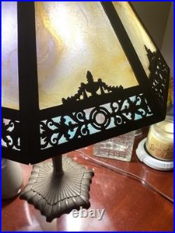 Antique Art Nouveau Slag Glass Table Lamp, 8 Panel Caramel and Blue Shade, 1920