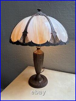 Antique Art Nouveau Slag Glass Table Lamp Light 8 Panel