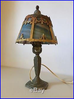 Antique Art Nouveau Slag Multi-Color Glass Boudoir/Table Lamp