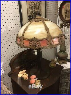 Antique Art Nouveau Table Lamp 8 Panel Caramel Bent Slag Glass Shade