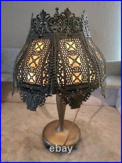 Antique Art Nouveau Table Lamp Heavy Detailed Filigree 8 Panel Slag Glass Shade