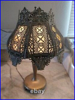 Antique Art Nouveau Table Lamp Heavy Detailed Filigree 8 Panel Slag Glass Shade