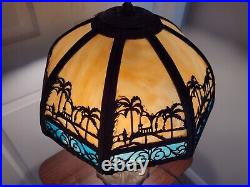 Antique Art Nouveau Table Lamp With Exquisite Slag Glass Palm Tree Shade Rare