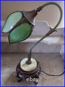 Antique Art Nouveau Uranium Glass Wood Base Goose neck Lamp Grn Slag Glass Shade