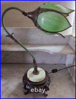 Antique Art Nouveau Uranium Glass Wood Base Goose neck Lamp Grn Slag Glass Shade