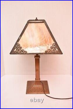 Antique Art Nouveau Victorian 4 Panel Marbled Slag Stained Glass Table Lamp 21