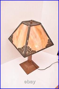 Antique Art Nouveau Victorian 4 Panel Marbled Slag Stained Glass Table Lamp 21