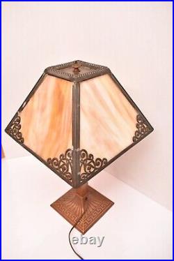 Antique Art Nouveau Victorian 4 Panel Marbled Slag Stained Glass Table Lamp 21