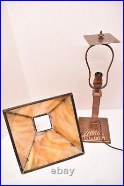 Antique Art Nouveau Victorian 4 Panel Marbled Slag Stained Glass Table Lamp 21