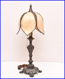 Antique Art Nouveau Victorian 5 Panel Marbled Slag Stained Glass Table Lamp 24