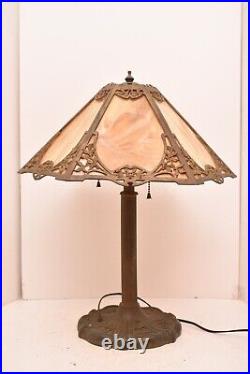 Antique Art Nouveau Victorian 6 Panel Marbled Slag Stained Glass Table Lamp 20