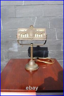Antique Art Nouveau desk Lamp Banker Lamp Slag Glass Shade Rose Design Heavy