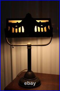 Antique Art Nouveau desk Lamp Banker Lamp Slag Glass Shade Rose Design Heavy