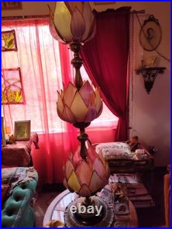 Antique Art Nouveau tall Lotus Slag Glass Lamps