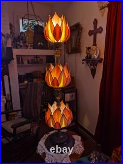 Antique Art Nouveau tall Lotus Slag Glass Lamps