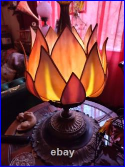 Antique Art Nouveau tall Lotus Slag Glass Lamps