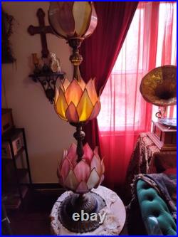 Antique Art Nouveau tall Lotus Slag Glass Lamps