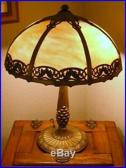 Antique Art Noveau Caramel 7 Panel Slag Glass Table Lamp Excellent
