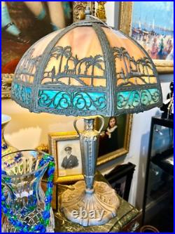 Antique Art Noveau Slag Glass Table Lamp with Palm Tree Shade