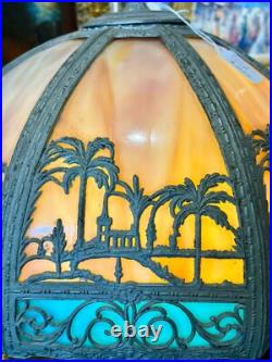 Antique Art Noveau Slag Glass Table Lamp with Palm Tree Shade