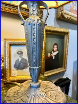 Antique Art Noveau Slag Glass Table Lamp with Palm Tree Shade