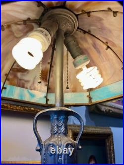 Antique Art Noveau Slag Glass Table Lamp with Palm Tree Shade