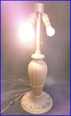 Antique Art nouveau table lamp bronze base with slag glass shade